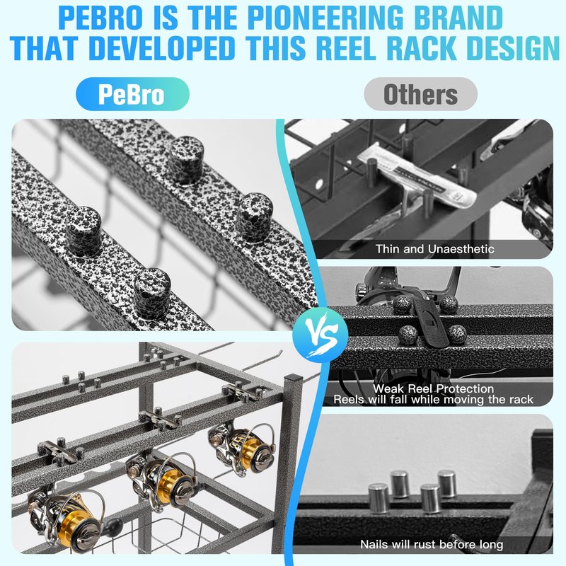 PeBro Fishing Pole Holders, Fishing Rod Holders for Garage, Fishing Rod Holder for Fishing Rod Tackle Box Reel Storage, All-In-One Fishing Rod Rack with Hooks and Wheels