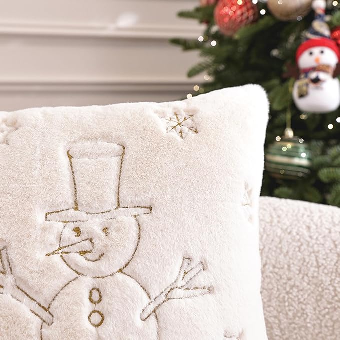 Christmas Throw Pillow Covers 18x18 Set of 2,Soft Plush Faux Fur Christmas Pillows Covers Embroidery Decorative Throw Pillows for Couch Bedroom Holiday Festivals Winter Home Decor