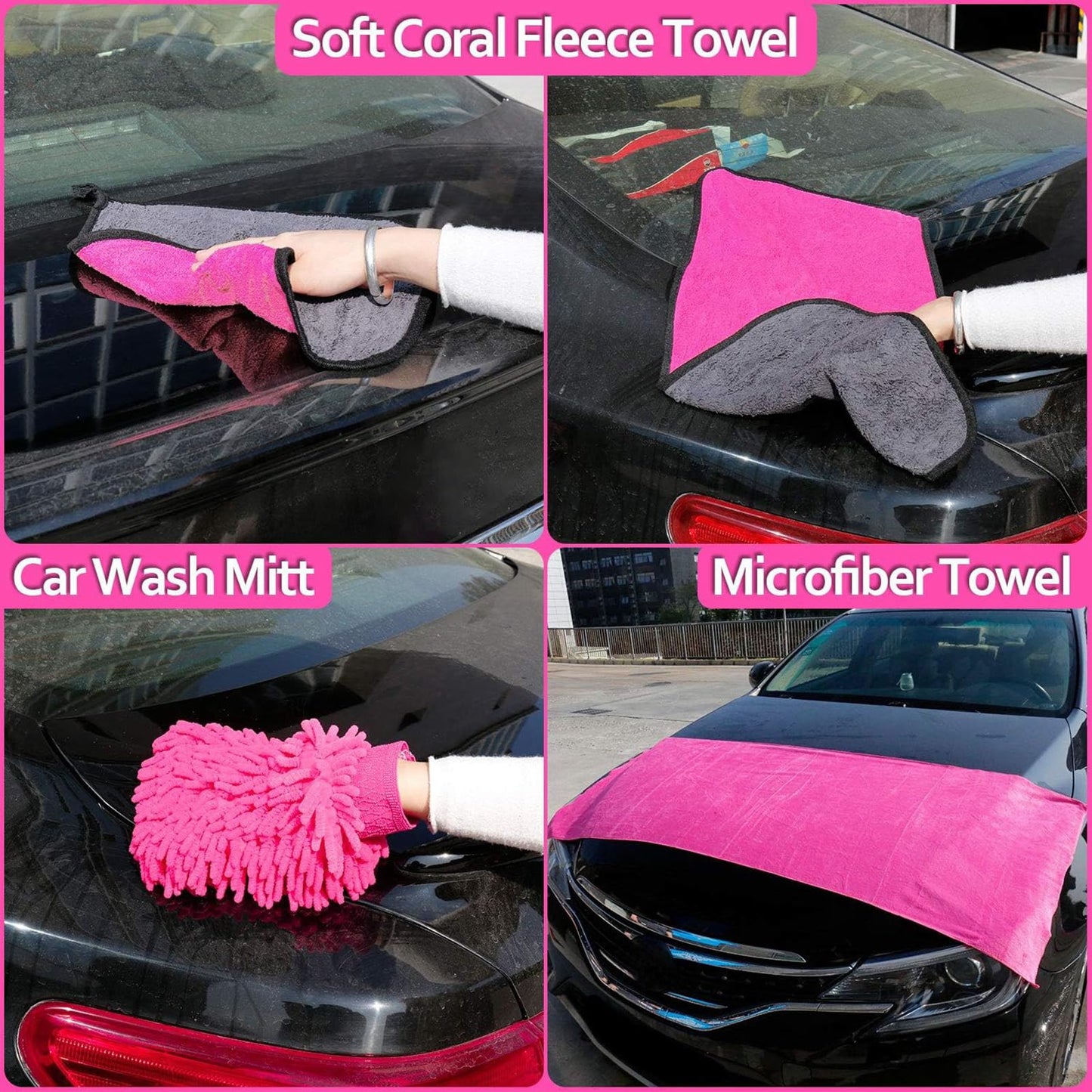 THINKWORK 17Pcs Car Cleaning Kit with Storage Box, Pink Car Washing Gift for Women - Cleaning Gel, Microfibre Cloth, Wheel Brush, Mitt, Duster, Squeegee - for Car Interior and Exterior Cleaning