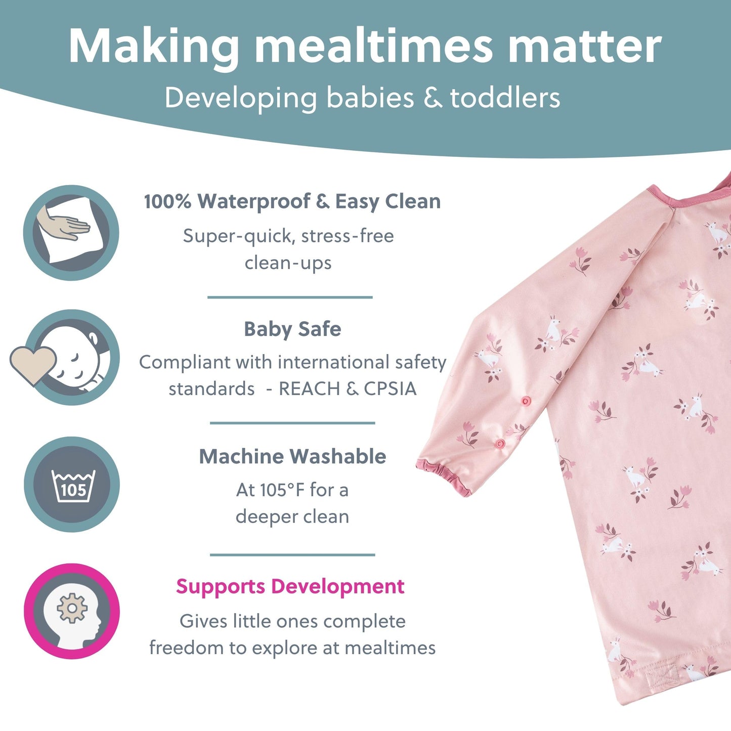 BIBaDO - Long Sleeve Baby Bibs - Babies & Toddlers 6-36 Months - Coverall Baby Weaning Bib - Easy Wipe Clean & Soft Fabric - Attach to Highchair & Tables - Waterproof - Machine Washable - Gifts