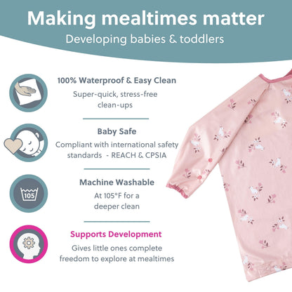 BIBaDO - Long Sleeve Baby Bibs - Babies & Toddlers 6-36 Months - Coverall Baby Weaning Bib - Easy Wipe Clean & Soft Fabric - Attach to Highchair & Tables - Waterproof - Machine Washable - Gifts