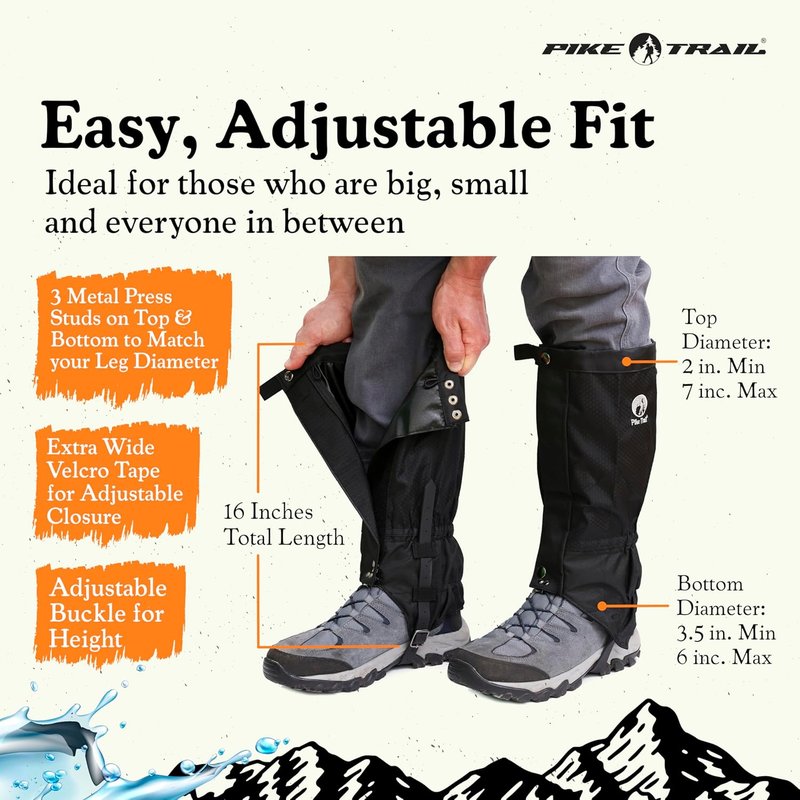 Pike Trail Adjustable Leg Gaiters - Waterproof & Lightweight Leg Guards for Hiking, Trekking | Unisex, 1 Pair