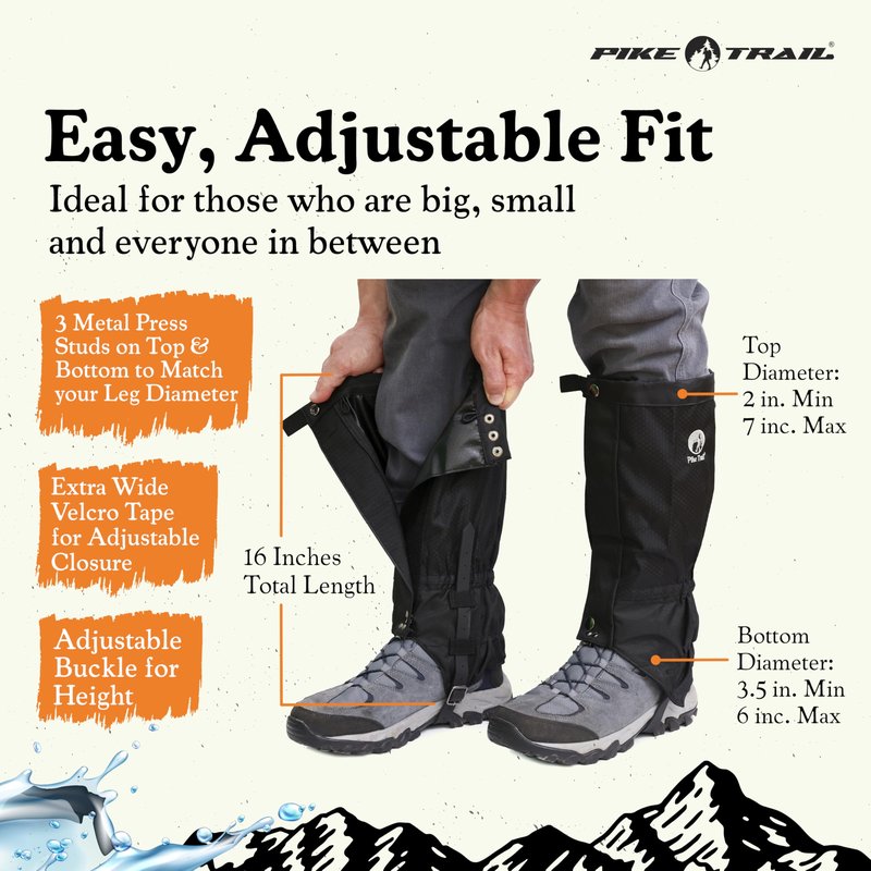 Pike Trail Adjustable Leg Gaiters - Lightweight, Waterproof - Leg Guards for Men & Women - Hiking Essentials Ideal for Hunting, Trekking & Fishing - Black - 1 Pair