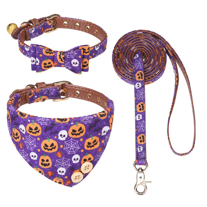 EXPAWLORER Halloween Dog Collar and Leash Set - Dog Bow Tie and Dog Bandana Collar with Bell, Dog Leash Tangle Free, Adjustable Collars for Small Medium Large Dogs Cats, Holiday Ideal Gift for Pets