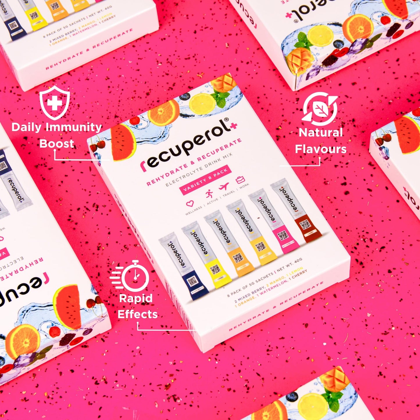 Recuperol Rehydration & Recovery Electrolytes Powder Drink Mix, Variety 30 Pack, High Electrolyte Content│Sugar Free, Vegan, Zinc, Vitamin C, B12, D3, Potassium - 6 Natural Flavours