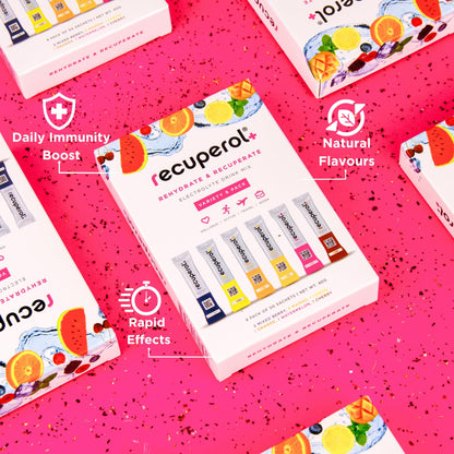 Recuperol Rehydration & Recovery Electrolytes Powder Drink Mix, Variety 30 Pack, High Electrolyte Content│Sugar Free, Vegan, Zinc, Vitamin C, B12, D3, Potassium - 6 Natural Flavours