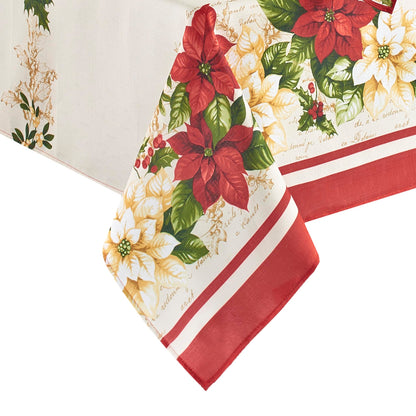 Elrene Home Fashions Red and White Poinsettia Holiday Wrinkle Resistant Fabric Tablecloth, 60" x 144" Rectangle, Multi