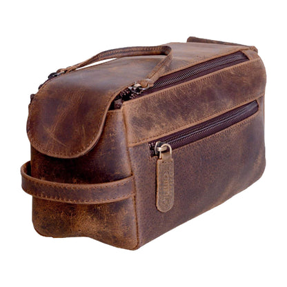 KomalC Premium Buffalo Leather Unisex Toiletry Bag Travel Dopp Kit (Distressed Tan)