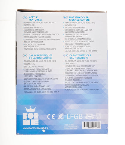 ForMe Glass Kettle with Temperature Setting 40-100 °C 1.8 L I 2200 Watt I 7 Colour Change LED I Digital Temperature Display I Keep Warm Function I Boil Dry Protection BPA Free