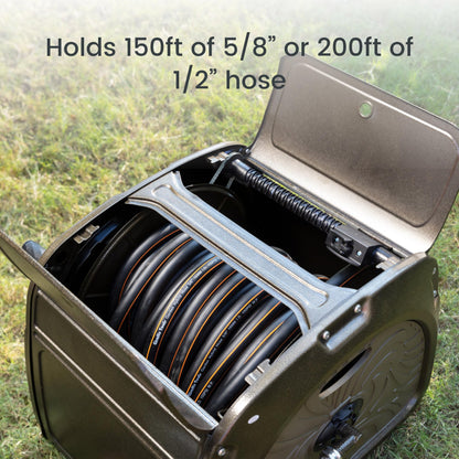 Giraffe Tools SW5 Metal Hose Reel Box, Heavy Duty Garden Hose Storage Reel Hideaway, Crank Handle, 150ft 5/8" Hose Capacity, Green