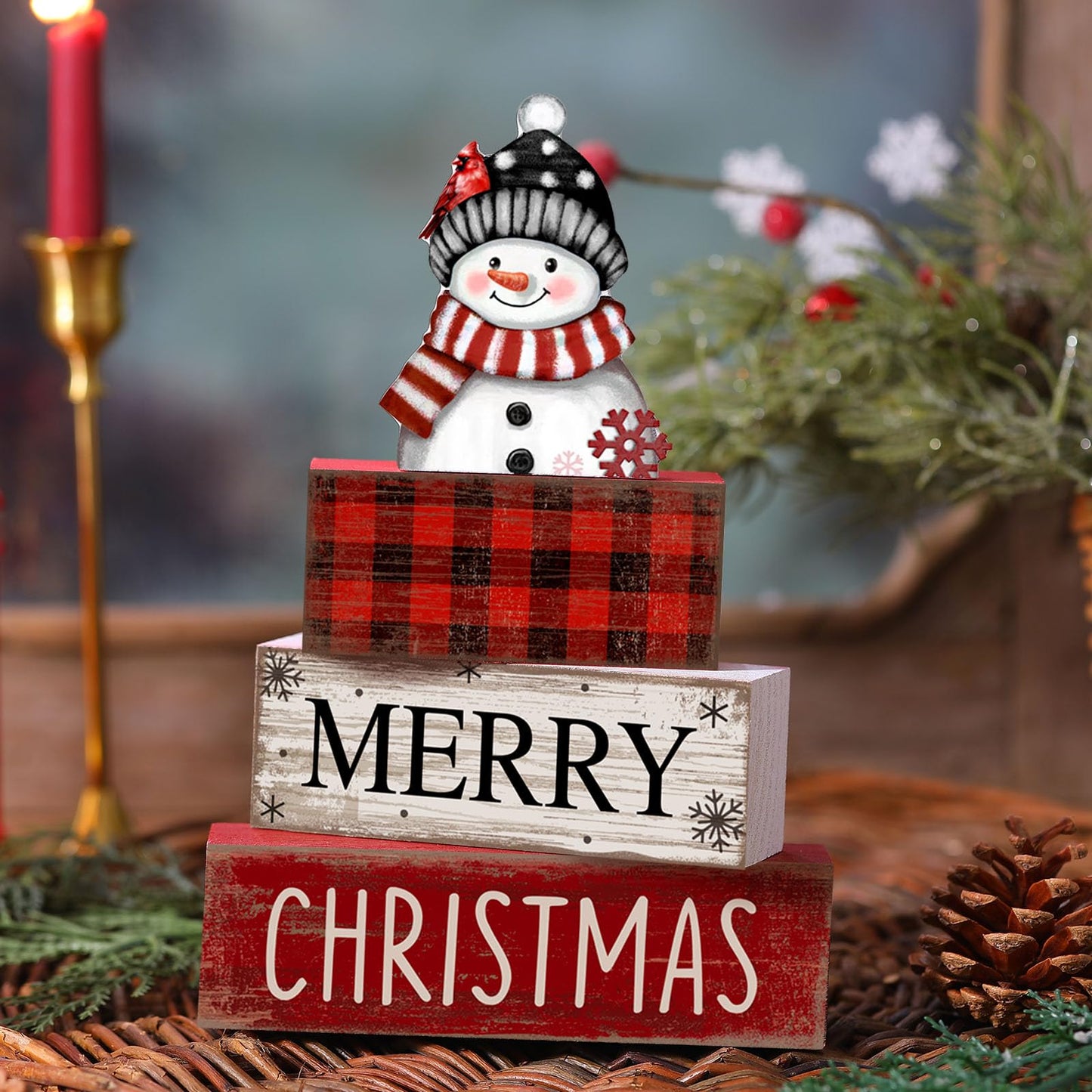 Lineshading 4 Pcs Christmas Table Decoration Wooden Snowman Christmas Tiered Tray Decor Red Buffalo Plaid Block Signs Snowman Table Centerpiece Farmhouse Winter Decoration for Home Kitchen Shelf