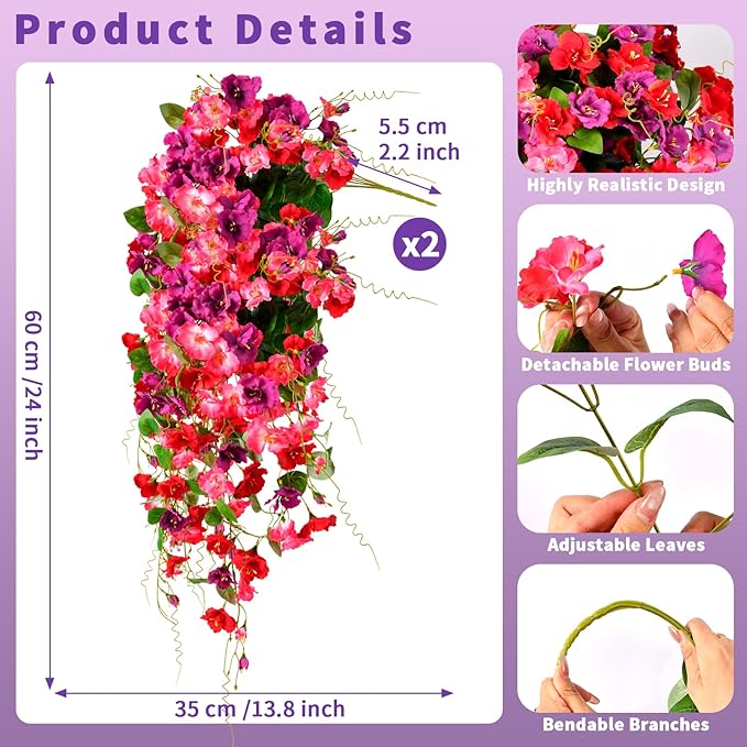 Artificial Flowers for Outdoors 2 Pack Fake Hanging Plants with Faux Hibiscus Flowers Summer Fall Decor UV Resistant Silk Leaves for Indoor Outdoor Front Door Porch Patio Planter Decor
