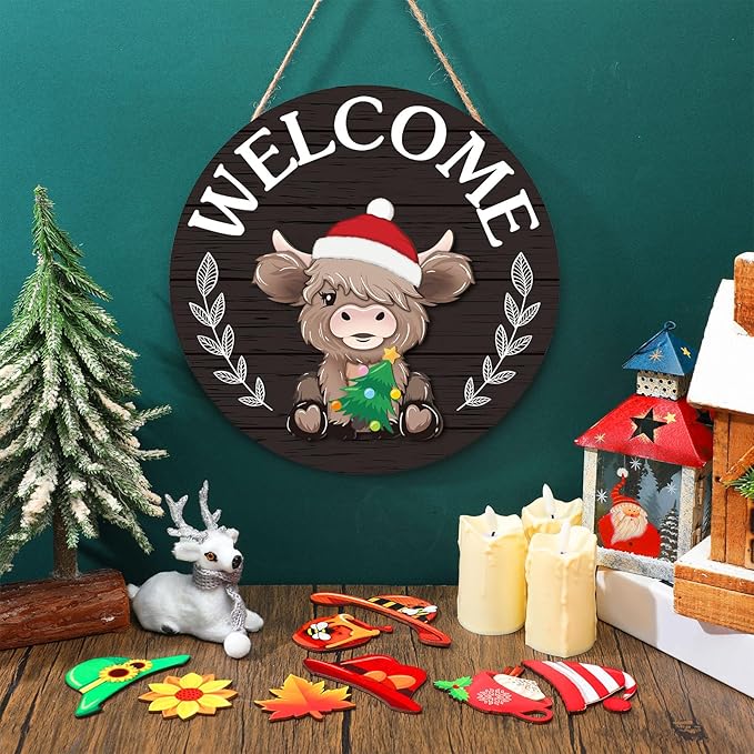 35 Pcs Christmas Interchangeable Highland Cow Welcome Sign Highland Cow Seasonal Wooden Hanging Door Decor Thanksgiving Farmhouse Hanging Sign for Front Door Xmas Party Decoration Gift