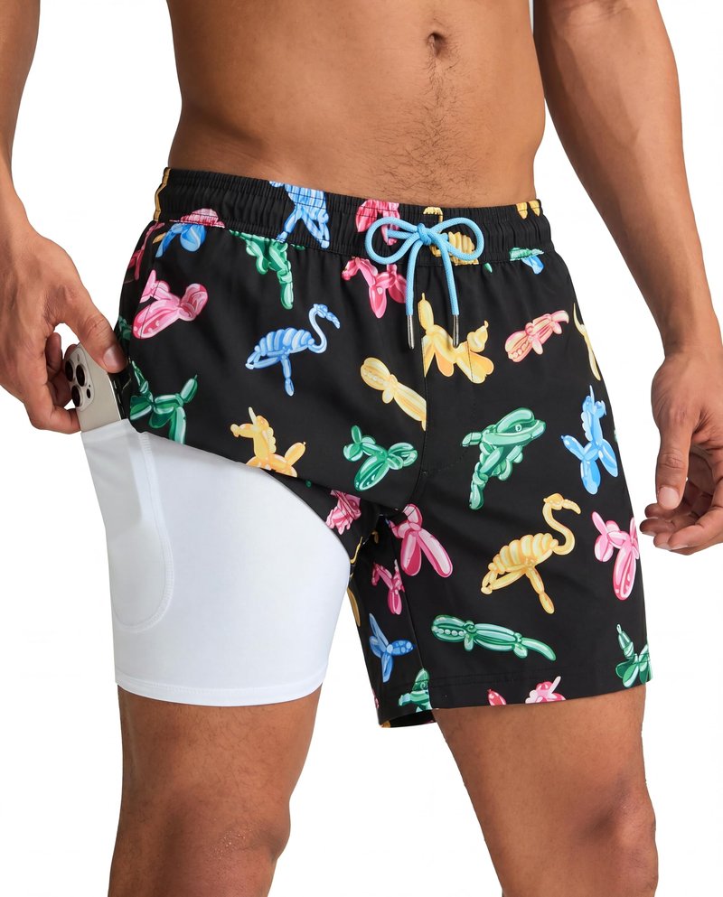 maamgic Mens Swim Trunks with Compression Liner 5 Inch, Quick Dry Bathing Suit with Zipper Pockets, Stretch No-Chafing Swim Shorts, Colorful Animals X-Small