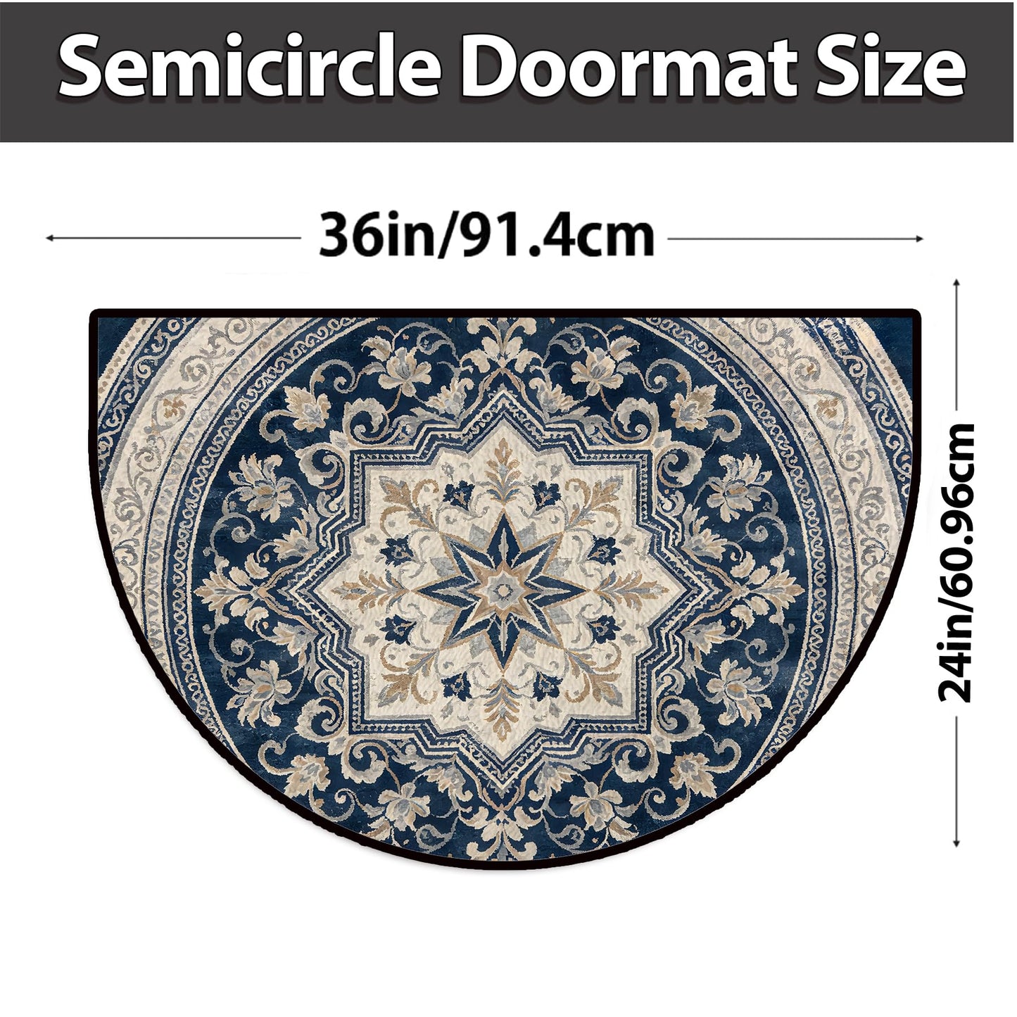 NYZE Semi Circle Door Mat Half Round Welcome Mat Non Slip Low-Pile Absorbent Half Circle Entryway Rug for Bathroom Bedroom Laundry Room(Mandala, 24"×36")