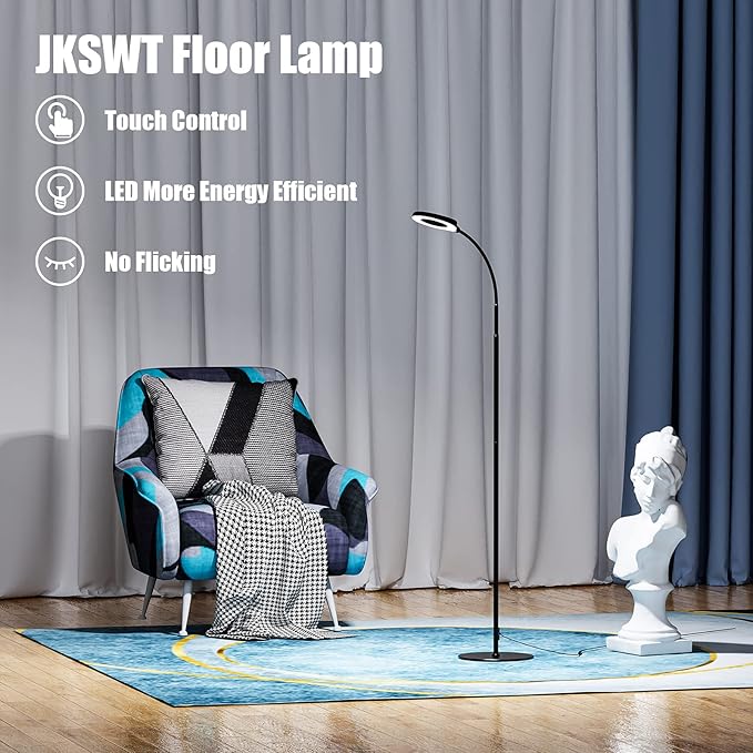 JKSWT LED Floor Lamp, 3 Brightness Levels Eye-Caring Dimmable Standing Reading Lamp 4000K Colors temperatures with Adjustable Gooseneck for Living Room Bedroom Reading - Black