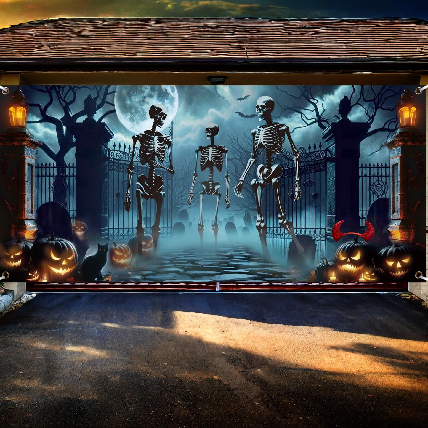 Preboun Halloween Garage Door Decorations Skeleton Halloween Hanging Garage Door Cover Banner Backdrop Mural for Home Outdoor Indoor Spooky Party Wall Window Yard, 7 x 16 ft