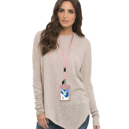 Badge Holder, Wisdompro 2-Sided PU Leather ID Badge Card Holder Wallet Case with 1 Clear ID Window and 1 Credit Card Slot and 22 Inch Quick Rlease Detachable Neck Lanyard Strap-Rose Gold (Vertical)