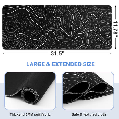 DIGSOM Mouse Pad Gaming Mousepad 31.5 x 11.8in Large Mouse Pad for Keyboard and Mouse with Anti-Slip Rubber Base, Keyboard Pad XL Mouse Mat for Home and Office（Black with White Topographic Line）