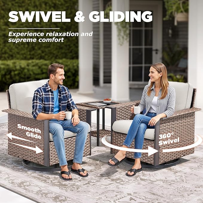 Outdoor Patio Furniture Set Swivel Chairs-8 Pieces All-Weather Wicker 3 Seater Sofa with 2 Ottomans Rattan Side Table, Wicker Sofa Outdoor Furniture for Porch Deck Backyard Brown/Beige
