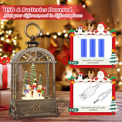 LSISOVO Christmas Snow Globe Lantern,Christmas Decorations Indoor for Home,with 6 Hour Timer Musical Snow Globes,Battery Or USB Powered Swirling Glitter Lantern Christmas Decor Gifts,Snowman Family