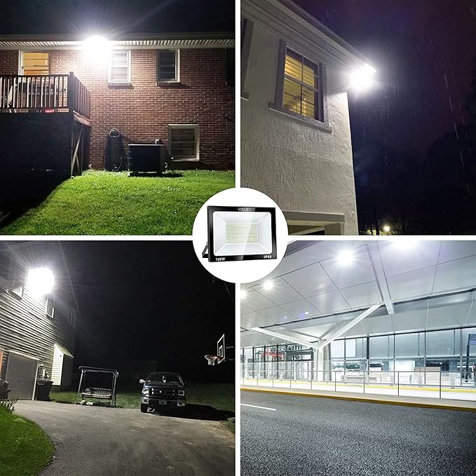 2 Pack 150W LED Flood Light, IP66 Waterproof, 12000lm, 800W Equivalent, Super Bright Outdoor Security Lights, 6000K Daylight White, Outdoor Floodlight for Garage, Garden, Lawn and Yard