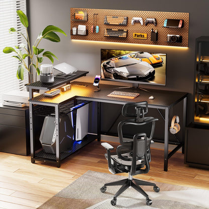 Bestier Gaming Desk with Power Outlets, 42" L-Shaped Computer Desk with LED Lights, Desk with Reversible Storage Shelves & Hooks for Small Spaces, Bedrooms & Offices, Black Carbon Fiber