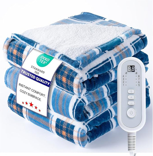 Heated Blanket Electric Throw, Heating Throw with 8 Hours Auto Off & 8 Fast Heating Levels, Blue White Plaid Checkered Sherpa Blanket Warmer for Adults, Washable Blanket Gift for Couch Bed (50x60 In)