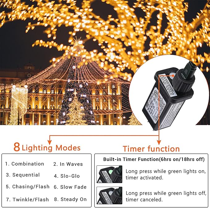 338Ft Christmas Lights Outdoor, 1000 LED Christmas String Lights with 8 Modes, Timer, Waterproof Fairy Twinkle Lights for Party, Garden, Wedding, Holiday, Weddings, Xmas Tree Decorations (Warm White)