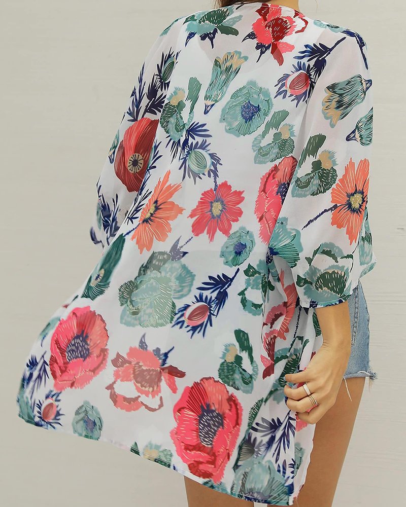 Women's Summre Kimono Cardigan Floral Print Sheer Chiffon Loose Casual Beach Cover Up Tops (Da White,L)