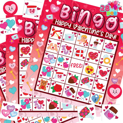 JOYIN 28 Players Valentine's Day Bingo Set, Game Cards for Kids School Classroom Party Supplies, Family Activity