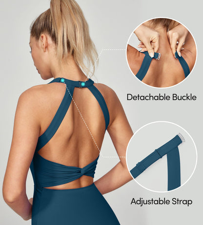 IUGA Womens Tennis Dress with Built in Shorts & Bra Athletic Dress for Women Cut Out Twisted Golf Workout Dress with Pockets Sea Blue