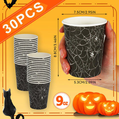 ATFUNSHOP Halloween Disposable Cups 30PCS Spiders Web Party Paper Cups 9OZ