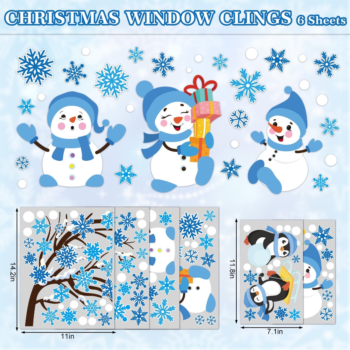 Whaline 6 Sheet Large Winter Window Clings Christmas Snowflake Tree Snowman Penguin Reusable Window Decals for Xmas Party Home Glass Decor (Blue)