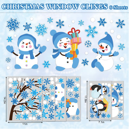 Whaline 6 Sheet Large Winter Window Clings Christmas Snowflake Tree Snowman Penguin Reusable Window Decals for Xmas Party Home Glass Decor (Blue)