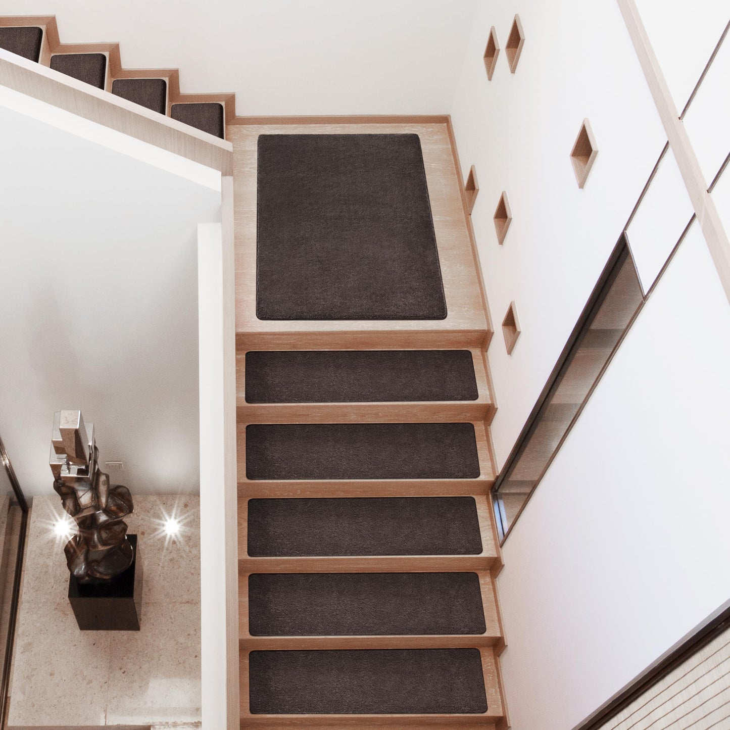 PURE ERA Carpet Stair Treads Ultra Plush 8" X 30" Soft Indoor Stair Protectors Pet-Friendly Non-Slip Skid Resistant Tape Free Washable Reusable(14 Pieces, Dark Brown)