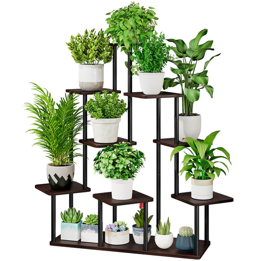 AZERPIAN Plant Stand 9 Tier Indoor Metal Flower Shelf for Multiple Plants Corner Tall Flower Holders for Patio Garden Living Room Balcony Bedroom, Black Oak