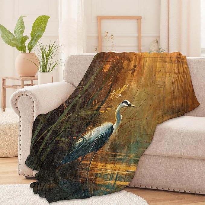 Rustic Heron Lake Throw Blanket – Nature Bird Design, Cozy Warm Flannel Blankets, All Season Use, Girls Women and Nature Lovers Gifts, 50x60in, Sofa Office Dorm Travel RV Decoration