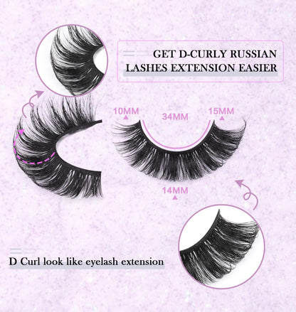 False Eyelashes Russian Strip Lashes Volume Fake Eyelashes Extension D-Curly Wispy Handmade Soft Reusable 14 Pairs Lashes Pack