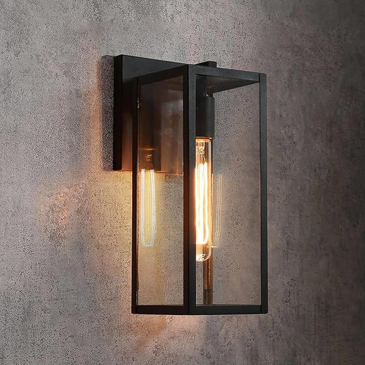LALUZ Black Outdoor Wall Lights, Modern Farmhouse Outdoor Light Fixture Wall Mount with Clear Glass, Waterproof Rectangular Exterior Outdoor Sconce Wall Lantern Lights for House, Porch, Patio, Garage