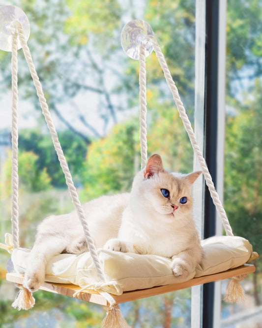 Cat Window Perch - Hammock Bed for Cats Inside - Solid Wood Seat, 4 Strong Suction Cups, Soft Cushion - Rustic Indoor Pet Shelf