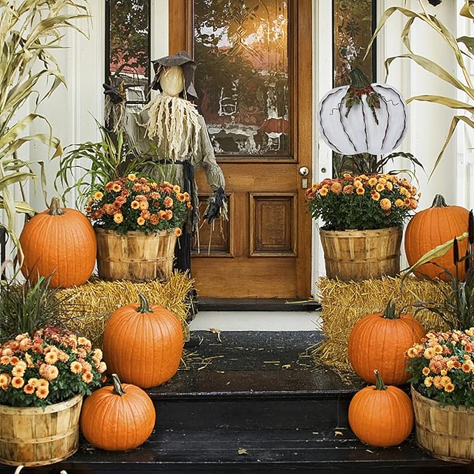 Metal Pumpkin Stakes Yard Signs Fall Decor Decorative Garden Stake Lawn Pumpkins Ornaments Outdoor Autumn Decoration for Harvest Halloween Thanksgiving (17.5" H White+Orange)