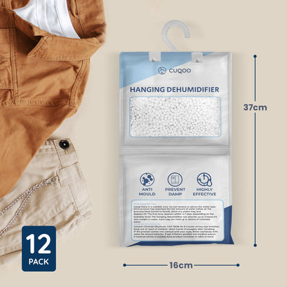CUQOO Hanging Wardrobe Dehumidifier Bags – Disposable Moisture Absorber 12-Pack Sachets for Wardrobes; Hanging Dehumidifier Bag for Closet, Windows & Home Condensation Absorbers