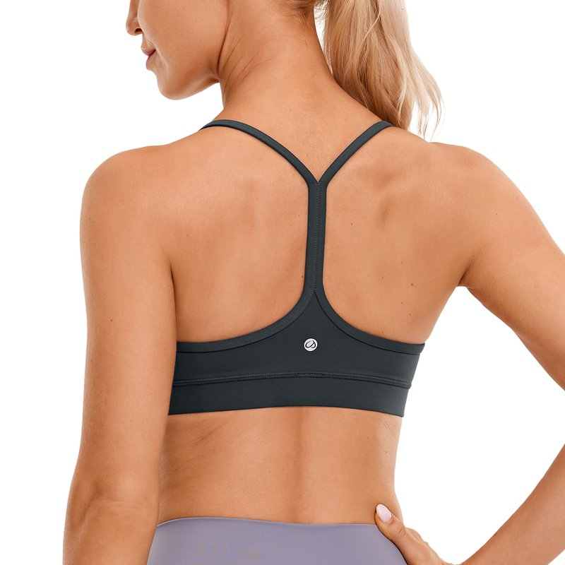 CRZ YOGA Butterluxe Y Back Sports Bras for Women - Padded Racerback Low Impact Spaghetti Thin Strap Workout Yoga Top Melanite Small