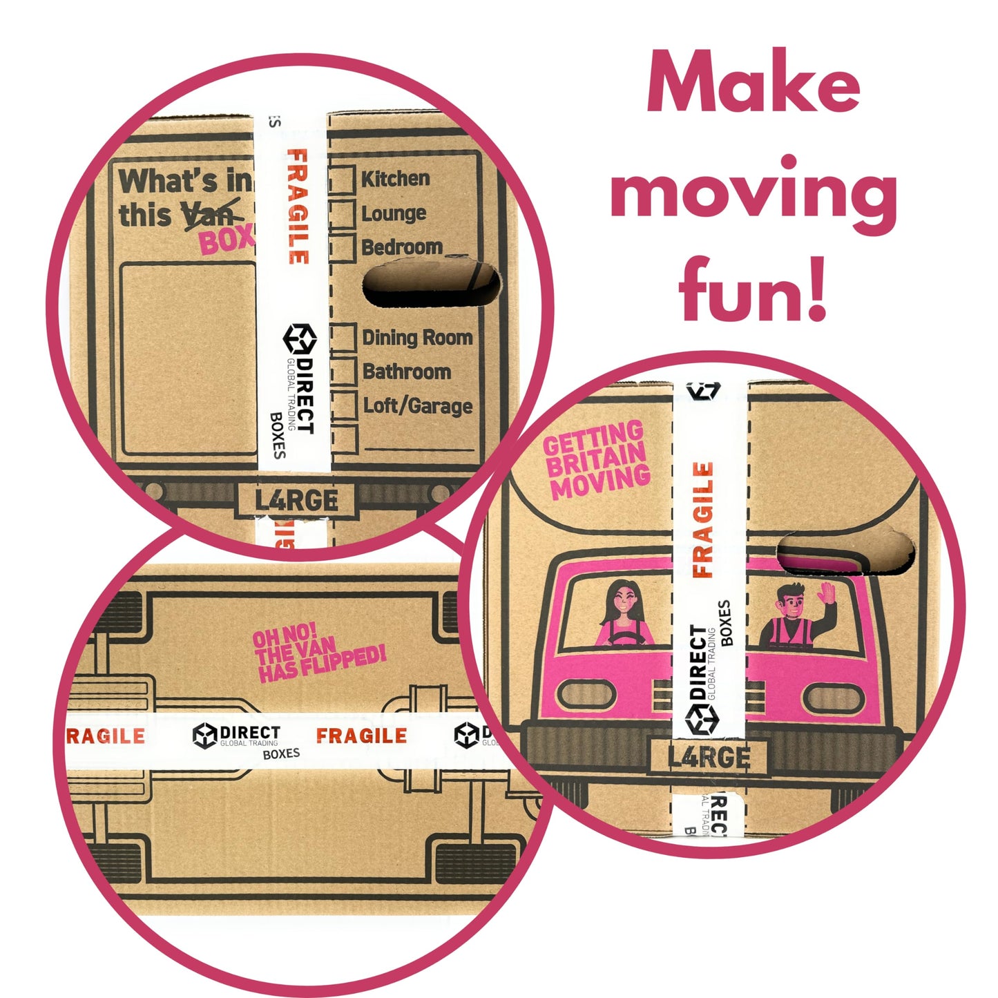 10 Strong Large Cardboard Storage Packing Moving House Boxes with Fragile Tape 52cm x 30cm x 30cm 47 Litres Carry Handles and Room List