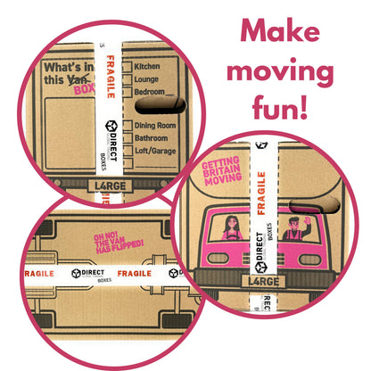 10 Strong Large Cardboard Storage Packing Moving House Boxes with Fragile Tape 52cm x 30cm x 30cm 47 Litres Carry Handles and Room List