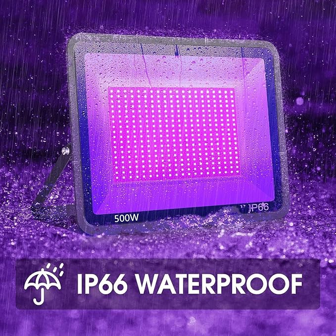 4 Pack 500W LED Flood Black Lights,395nm to 405nm UV Outdoor Flood High Power Blacklight Light with Plug in, IP66 Waterproof Large Black Light Spotlight for Glow Party Large Space, Halloween