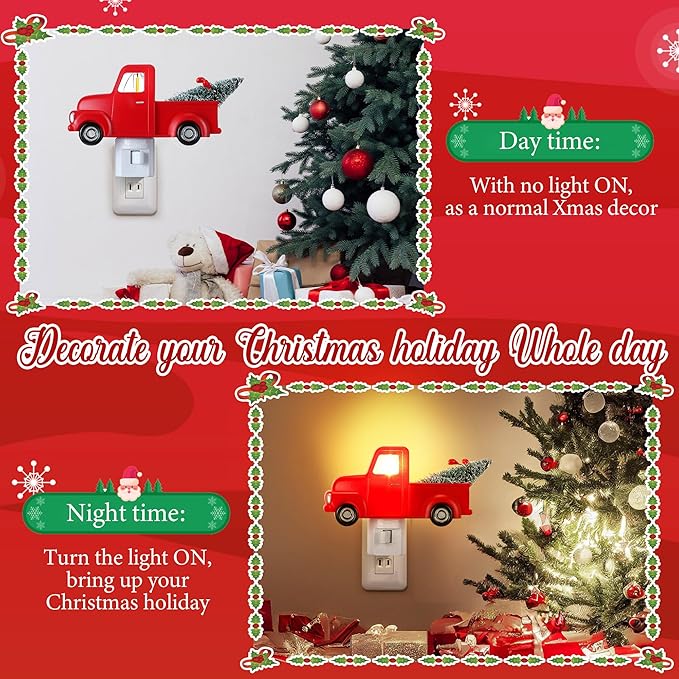 Christmas Red Truck Night Light Plug-in, 120V C7 LED Wall Nightlight Decoration for Bedroom, Bathroom, Kitchen, Hallway, Stairs