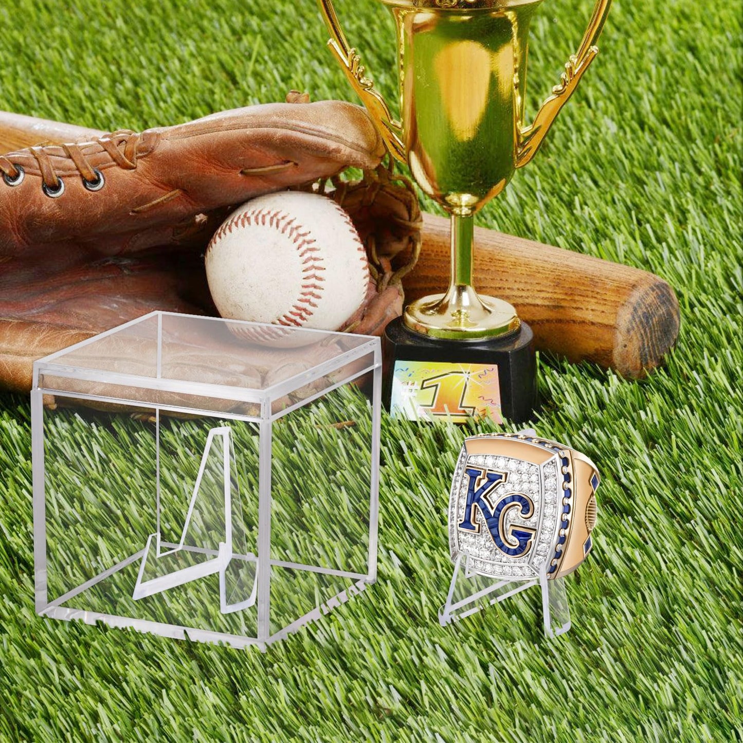 3 Pack Championship Ring Display Case Clear Acrylic Display Case Mini Football Baseball Softball Ring Holder Display Box Single Coin Stand 1 Slot Ring Hole Storage Box for Sports Fans, 2.16 Inch