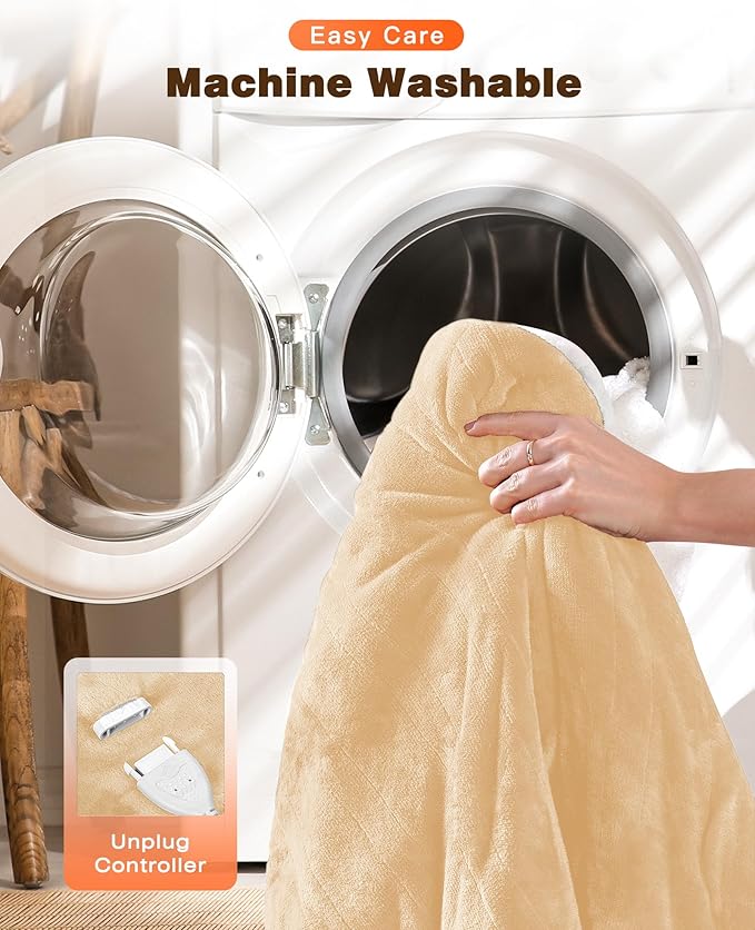 Wearable Heated Blanket - Cozy Gift for Women, Mom, Men| Reversible Flannel & Sherpa Electric Wrap with Pockets & Hood, 6 Heat Levels, 1-4H Timer, ETL Safe, Machine Wash, 50"x70" Beige